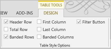 Modifying Styles in Tables: You can turn various options on or off under the Design tab to change the appearance of any table.