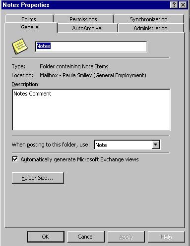 Figure 13: In the properties dialog box under general tab, make sure the box labeled Automatically generate Microsoft Exchange views is checked.