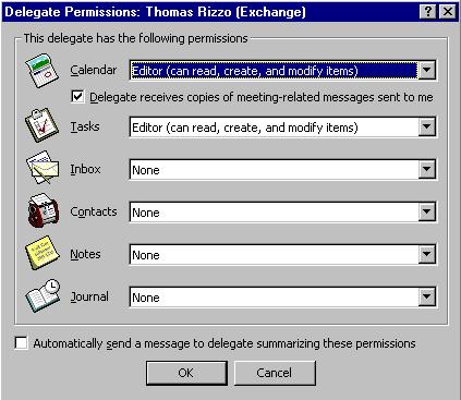 select multiple names in the add users dialog box. The permissions you select will apply to all the delegates. Figure 15: Delegate Permissions by selecting from the list box.
