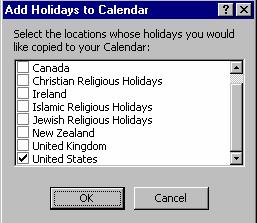 Figure 27: In the Add Holidays to Calendar dialog box, choose the country whose holidays you want to add to your calendar.