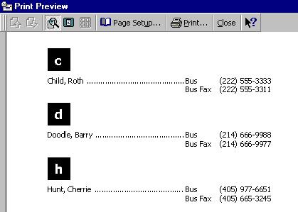 Figure 32: Outlook will print from the contacts folder the names and numbers separating them in groups alphabetically.