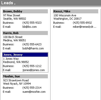 Figure 43: Using the Address Card view makes it easy to find contacts and their relevant information.