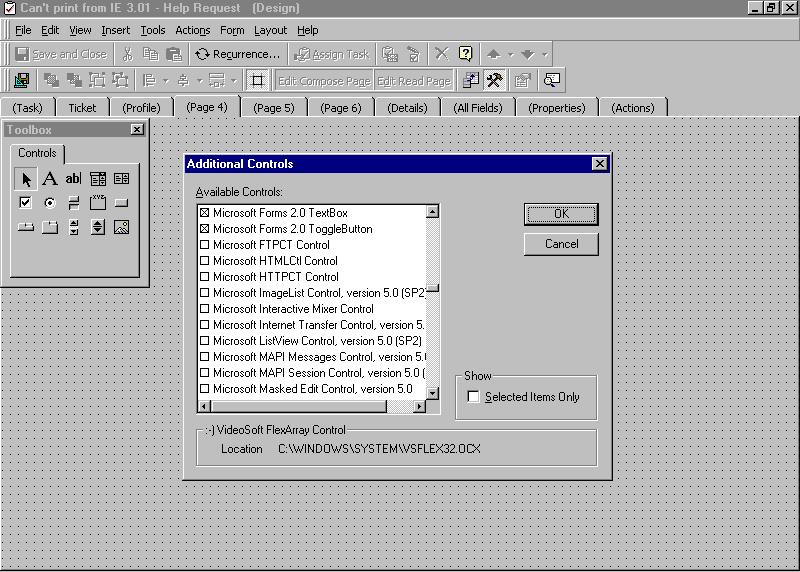 Figure 51: Inserting an ActiveX control on the Outlook Control Toolbox.