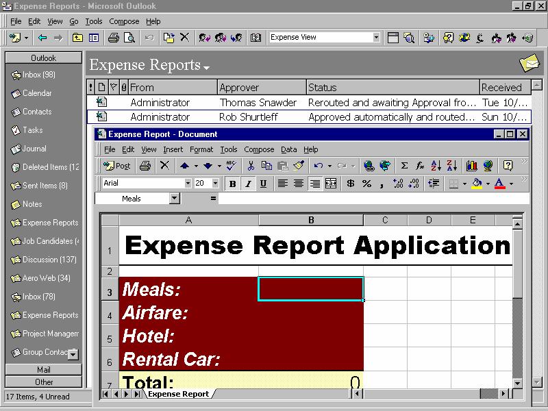 Figure 58: A customized Microsoft Excel form used as an Outlook custom form. You can see the menus of Outlook and Excel are combined on the form so users get the full power of both applications.