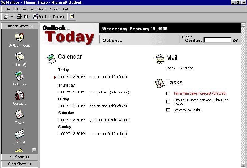 Figure 61: Standard Outlook Today view in Microsoft Outlook.