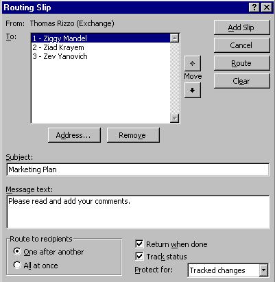 Figure 70: The routing slip dialog box allows users to select recipients, how to route the item and how to track changes.