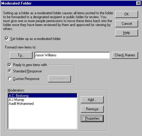 Figure 72: The moderated folder dialog box. From this dialog box, users can select the options for moderated folders. New in Outlook 2000!