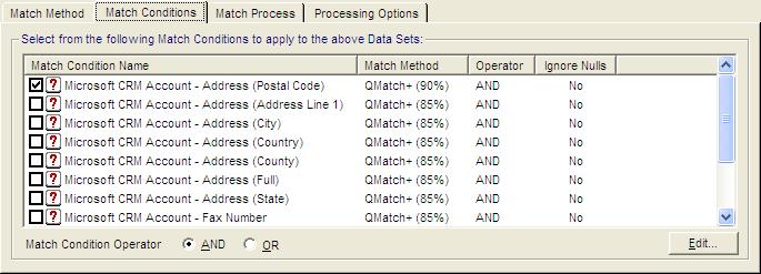 Identifying Matching Data in Microsoft Dynamics CRM Match Conditions The Match Conditions Tab denotes what additional conditions (match criteria) should be applied when matching your Microsoft CRM