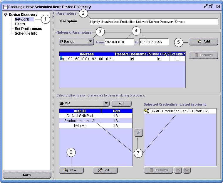 Figure 2. Setting Device Discovery Network Parameters 14. Click on the Save button to save the newly entered SNMP Authentication Credential information (Figure 3, Callout 4) 15.
