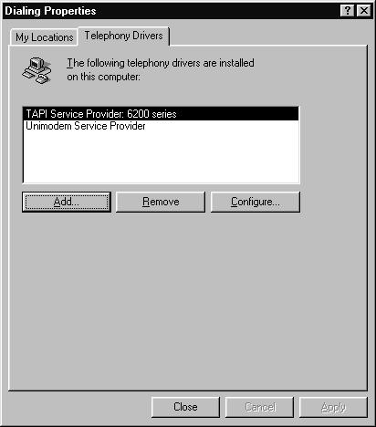5. Select TAPI Service Provider: 6200 series, then click the Configure button. Windows Me / 98 / 95: 2. From the Start Menu, select Settings - Control Panel. 3. Double-click the Telephony icon.