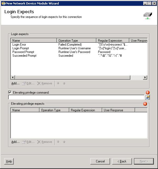 Chapter 3 Managing Terminal Targets Defining a Network Device Module Target Step 9 Click Next to continue. The Login Expects panel displays.