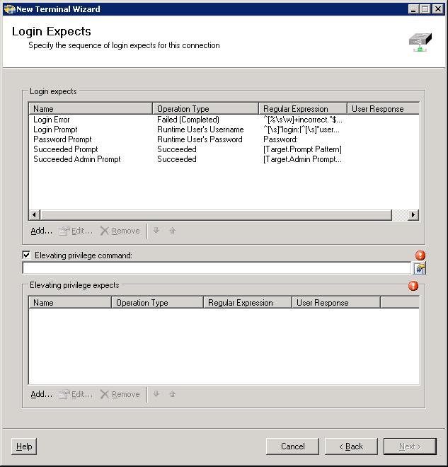 Chapter 3 Managing Terminal Targets Defining a Terminal Target The Login Expects panel displays.