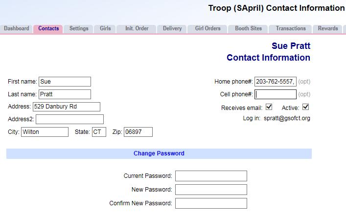 Edit Contacts Screen: Individuals identified as a co-leader for a troop will be uploaded from our membership database into ebudde.
