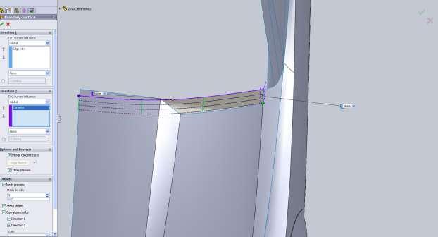 I use my projected curve and the edge of the fender to create a boundary surface.