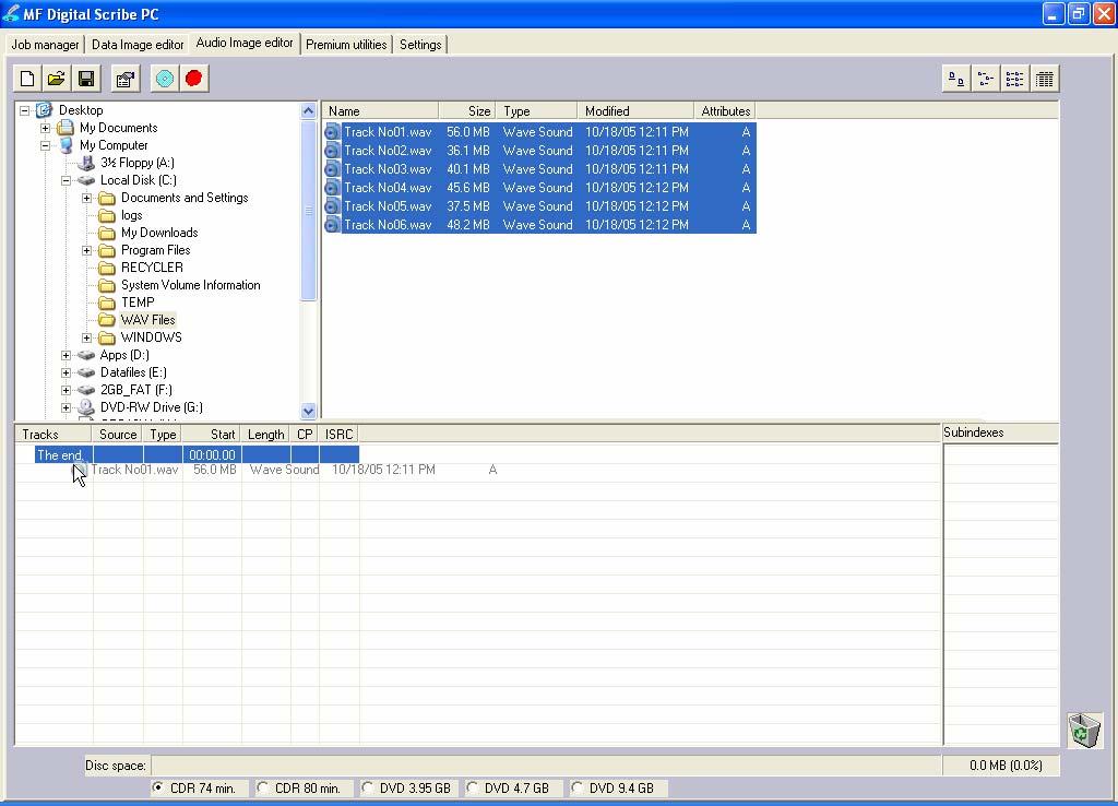 Adding Tracks As depicted below, drag one or more WAV / MP3 files onto the text "The end" as it appears in the top left corner of the bottom pane.