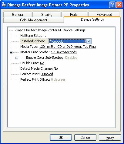 From the control panel, click on PRINTERS AND FAXES. Rightclick on RIMAGE PERFECT IMAGE PRINTER PF and select properties.