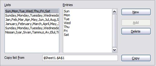 Sort Lists options In the Options dialog, choose LibreOffice Calc > Sort Lists. Sort lists are used for more than sorting, for example filling a series of cells during data entry.