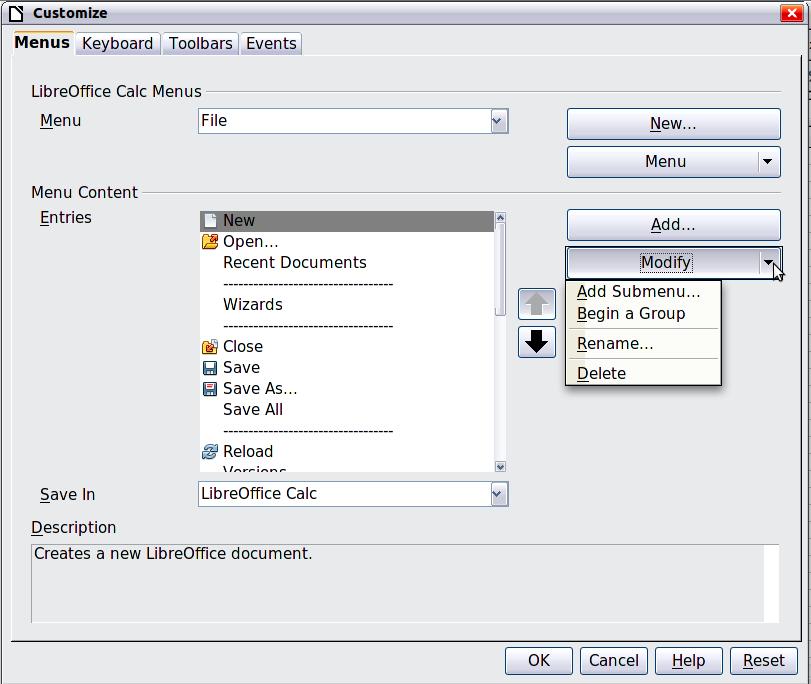 Figure 21: The Menus page of the Customize dialog 4) In the section LibreOffice Calc Menus, select from the Menu drop-down list the menu that you want to customize.