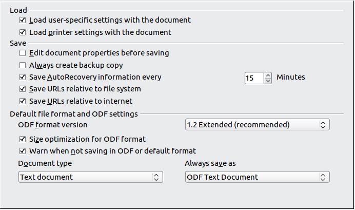 General Load/Save options Most of the choices on the Load/Save General page are familiar to users of other office suites.