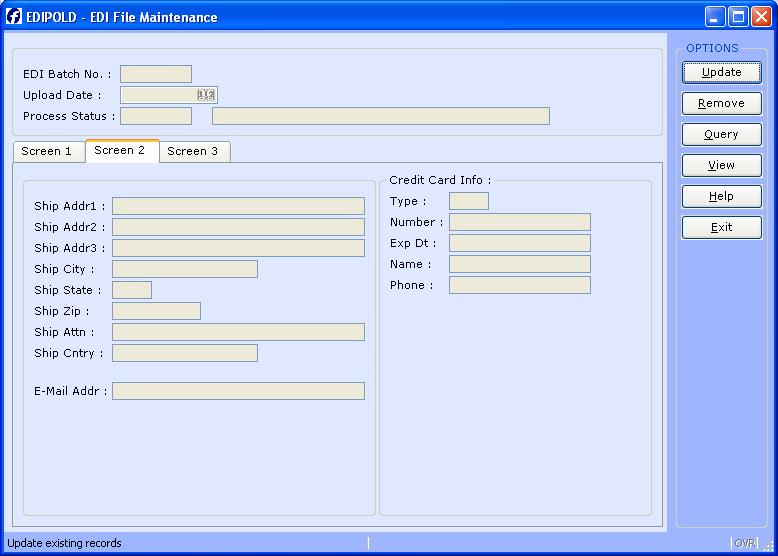 Header Maintenance Screen 2. Header Maintenance Screen 3. Once the operator selects records, the following options are provided: - U - Update - Access and maintain fields on the first header screen.