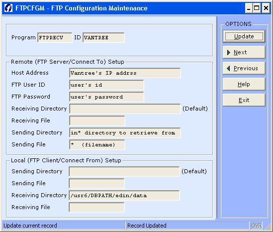 FTPCFGM - this is the program that stores the parameters for the FTP process Program - name of the program to be used. e.g. FTPRECV ID - generic name of the party you are connecting to. e.g. VANTREE as a 3 rd party EDI provider.