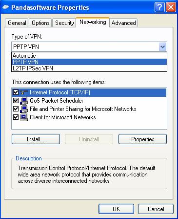 Select the Networking tab and choose PPTP VPN