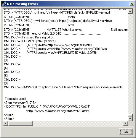 DTD Manager Choosing Show Errors in the above dialog displays the DTD Parsing Errors log (shown below) produced by NMIT s validating parser, and aborts the registration.