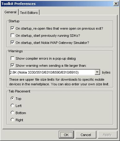Getting Started Preferences Choose Tools>Preferences to open the Toolkit Preferences dialog, which contains the two tab pages General and Text Editors.