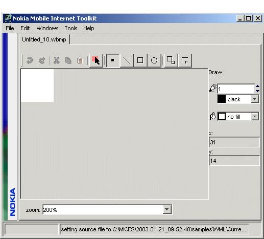 Entering this value and then choosing OK displays the WBMP Image Editor main window, shown below: The WBMP Image editor opens with a highlighted drawing region, sized according to the dimensions you