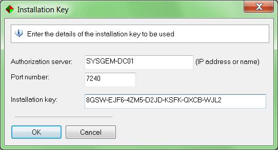 Enter the name (or IP Address) of the Authorization Server. Ensure that the Port Number is set to 7240, and enter a newly acquired Installation Key that has not been used before.