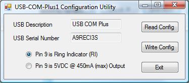 The configuration utiltiy is a Windows-only application which selects the mode for pin 9 on the D-sub connector. This utility will configure one USB-COM232-Plus1 adapter at a time.