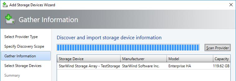 23. If the wizard succeeds in connecting to the provider, it will show all available disk arrays. The picture below illustrates that wizard has detected the StarWind storage device called TestStorage.
