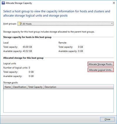 30. In the Allocate Storage Capacity dialog, click on the Allocate Storage Pools and Allocate Logical Units buttons. 31.
