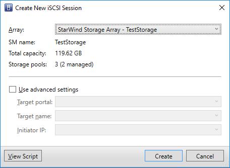 In the Create New iscsi Session dialog, select a disk array and click Create.