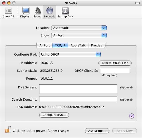 To configure IP: 1 Open the Network pane of System Preferences, and then choose Built-in Ethernet from the Show pop-up menu if you are connecting to an Ethernet network, or AirPort if you are