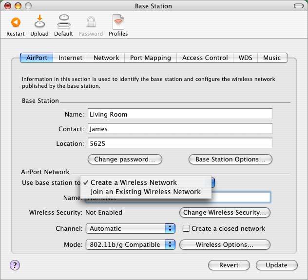 4 Choose Create a Wireless Network or Join an Existing Wireless Network from the Use base station to pop-up menu.