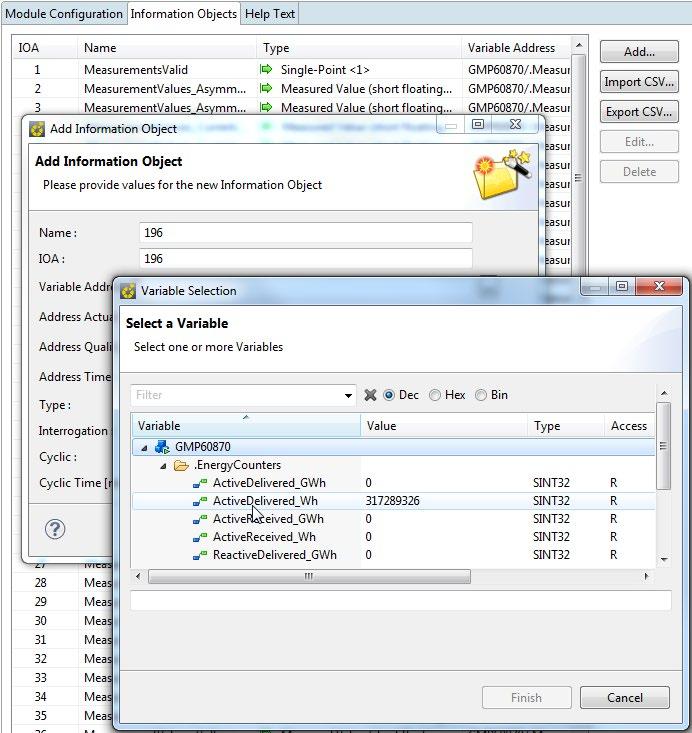 The information objects that the server offers in the command and monitoring direction, are linked to the controller with existing process variables, via the configuration.