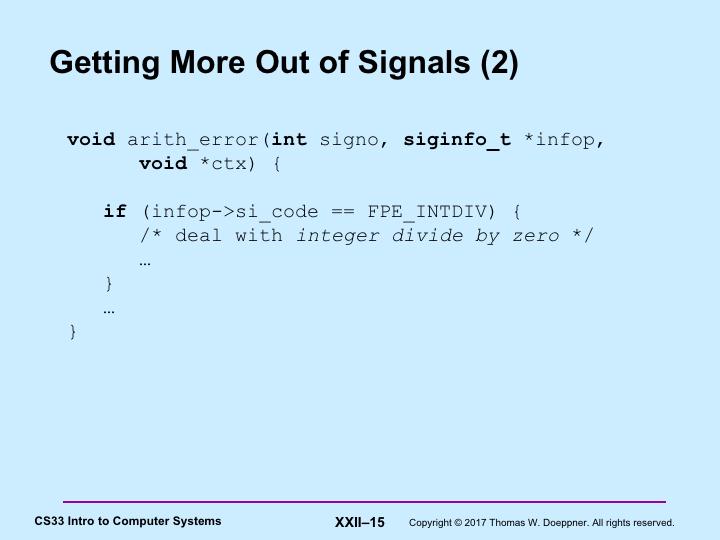 The slide illustrates the signature of the handler procedure used with siginfo, as well as a partial example of its use.