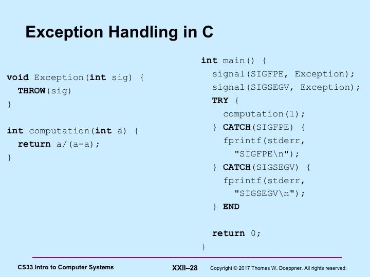 The slide suggests a C syntax for exception handling. The TRY/CATCH/END behave as the try/catch does in the previous slide.