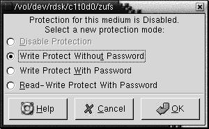 2. Select one of the following options from the dialog: Dialog Element Disable Protection Write Protect Without Password Write Protect With Password Read-Write Protect With Password Description