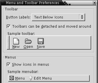 FIGURE 9 6 Menus and Toolbars Preference Tool Table 9 6 lists the menu and toolbar settings that you can customize for GNOME-compliant applications.