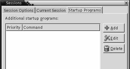 FIGURE 10 9 Startup Programs Tabbed Section in the Sessions Preference Tool Table 10 9 lists the startup applications settings that you can configure.