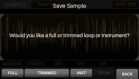 Saving Samples When you want to save the sample, you must select how you want to use it; you can save it as a loop a normal audio file that you can play back in Sample Playback Mode or as an