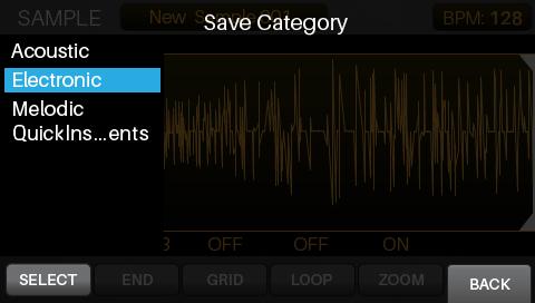 You cannot save or overwrite loops or instruments in your Strike module s internal memory. To save the sample: 1. Press Save. 2.
