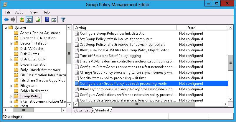 FIGURE 5-31 Select Group Policy loopback processing mode policy 4. In the Action menu, click Edit. 5. In the Configure User Group Policy Loopback Processing Mode dialog box, click Enabled.
