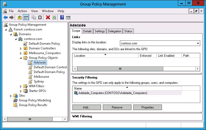 6. Close the Group Policy Management Editor. 7. In the GPMC, click the Adelaide GPO and click the Scope tab. 8. On the Scope tab, click the Authenticated Users group and click Remove. 9.