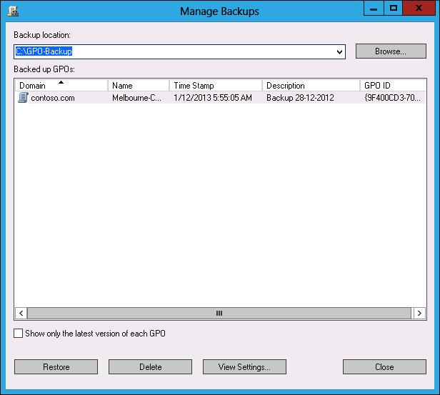 To restore a GPO, right-click the Group Policy Objects node in the GPMC and click Manage Backups.