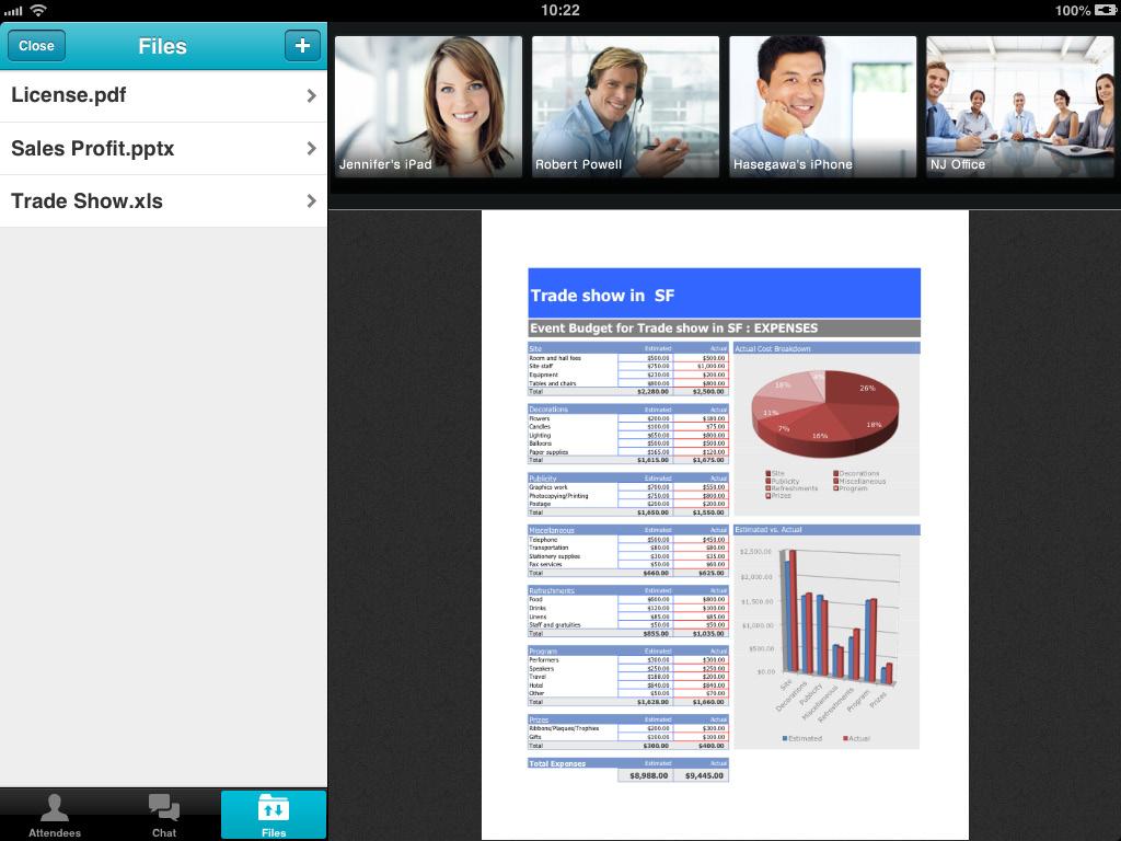 8. Files & Handouts You can share files with other attendees in the meeting, letting them view or print the files locally. Tap on the meeting room screen, then the Files screen is displayed as below.