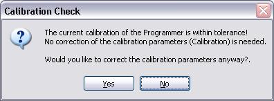 2. The program notifies you that the current calibration is within tolerance! No Correction of the calibration parameters (Calibration) is needed. Figure 16: Calibrate Anyway?