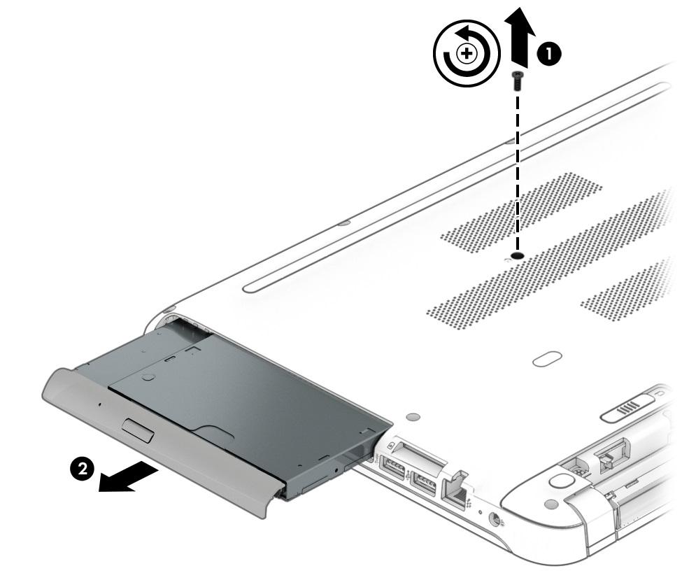 2. Slide the optical drive out of the computer (2). 3.